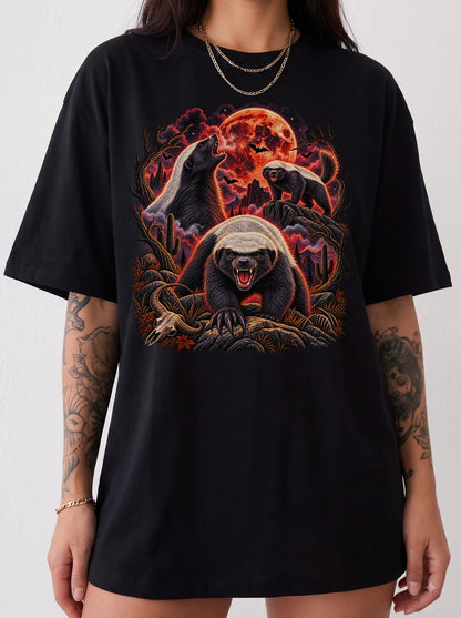 Blood Moon Honey Badger Trio Halloween T-Shirt, Y2K Retro Animal Graphic Tee, 90s Spooky Streetwear, To The Moon
