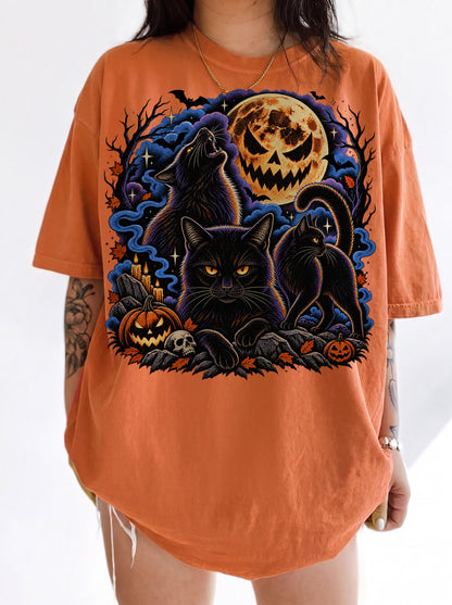 Black Cats Full Moon Halloween T-Shirt, Three Wolf Moon Parody, Y2K Retro Outfit Aesthetic, Trendy Streetwear Graphic Tee