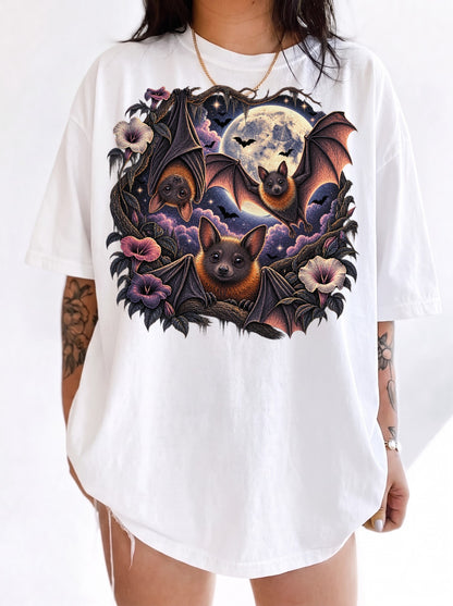Moonlit Bats Twisted Blooms Halloween T-Shirt, Y2K Gothic Graphic Tee, 90s Retro Streetwear, To The Moon