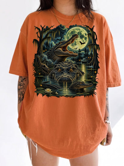 Moonlit Alligator Swamp Horror Halloween T-Shirt, Y2K Retro Graphic Tee, 90s Horror Streetwear, To The Moon