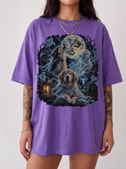 Three Ghost Dogs Haunted Moon Halloween T-Shirt, Y2K Retro Graphic Tee, 90s Spooky Streetwear, To The Moon