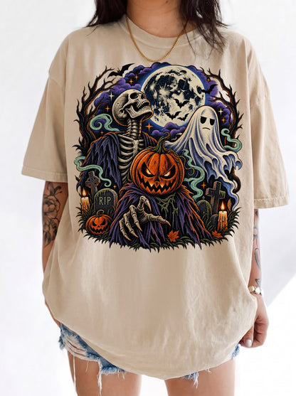 Skeleton Pumpkin Head Ghost Moon Halloween T-Shirt, Three Wolf Moon Parody, Y2K Retro Horror Outfit, Trendy Streetwear Graphic Tee