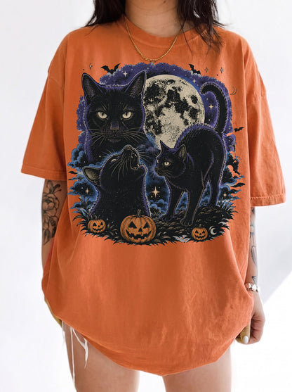 3 Black Cats Jack-o’-Lantern Moon Halloween T-Shirt, Three Wolf Moon Parody, Y2K Retro Outfit, Trendy Streetwear Graphic Tee
