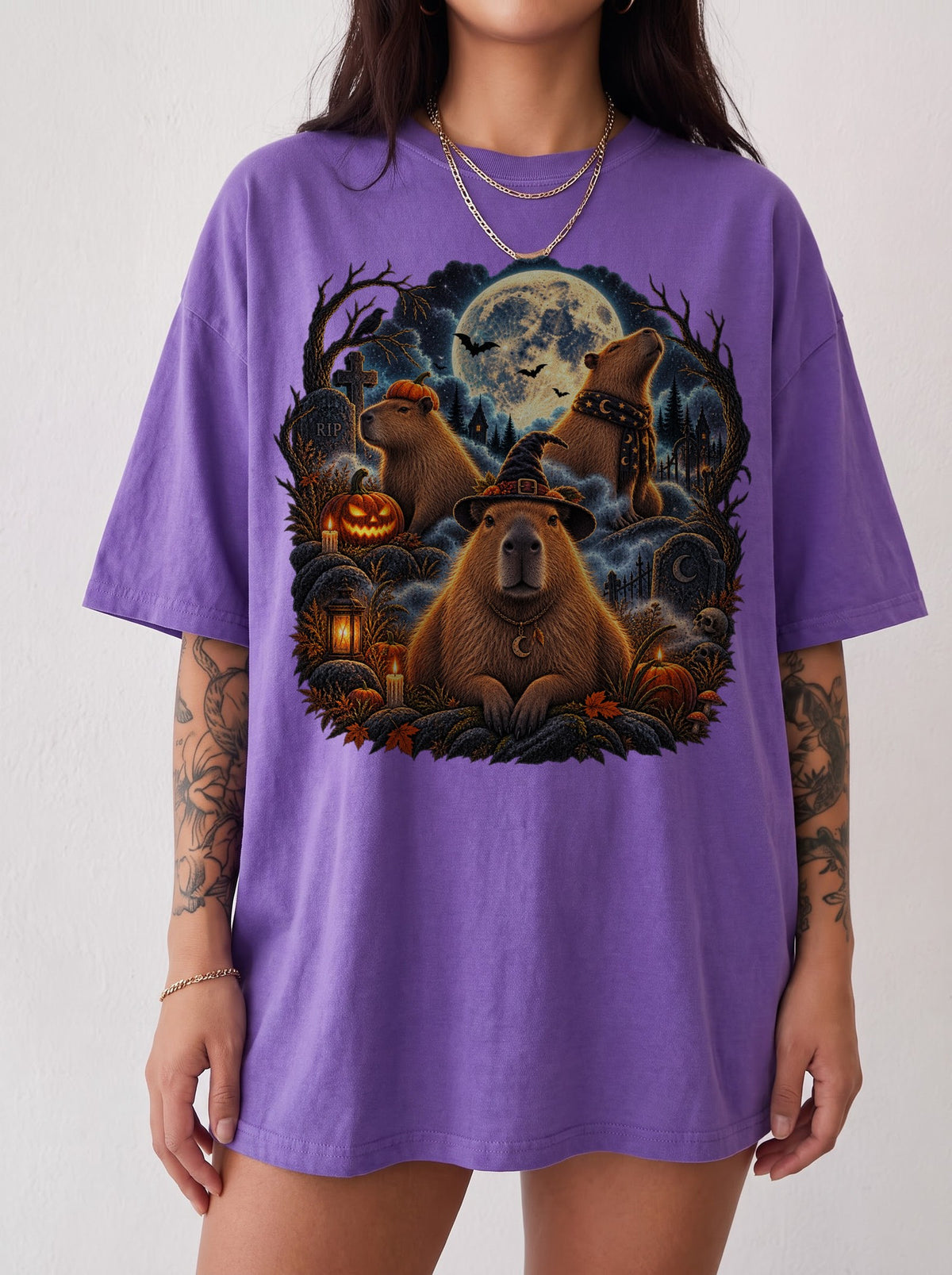 Moonlit Capybara Graveyard Halloween T-Shirt, Y2K Retro Animal Graphic Tee, 90s Spooky Streetwear, To The Moon