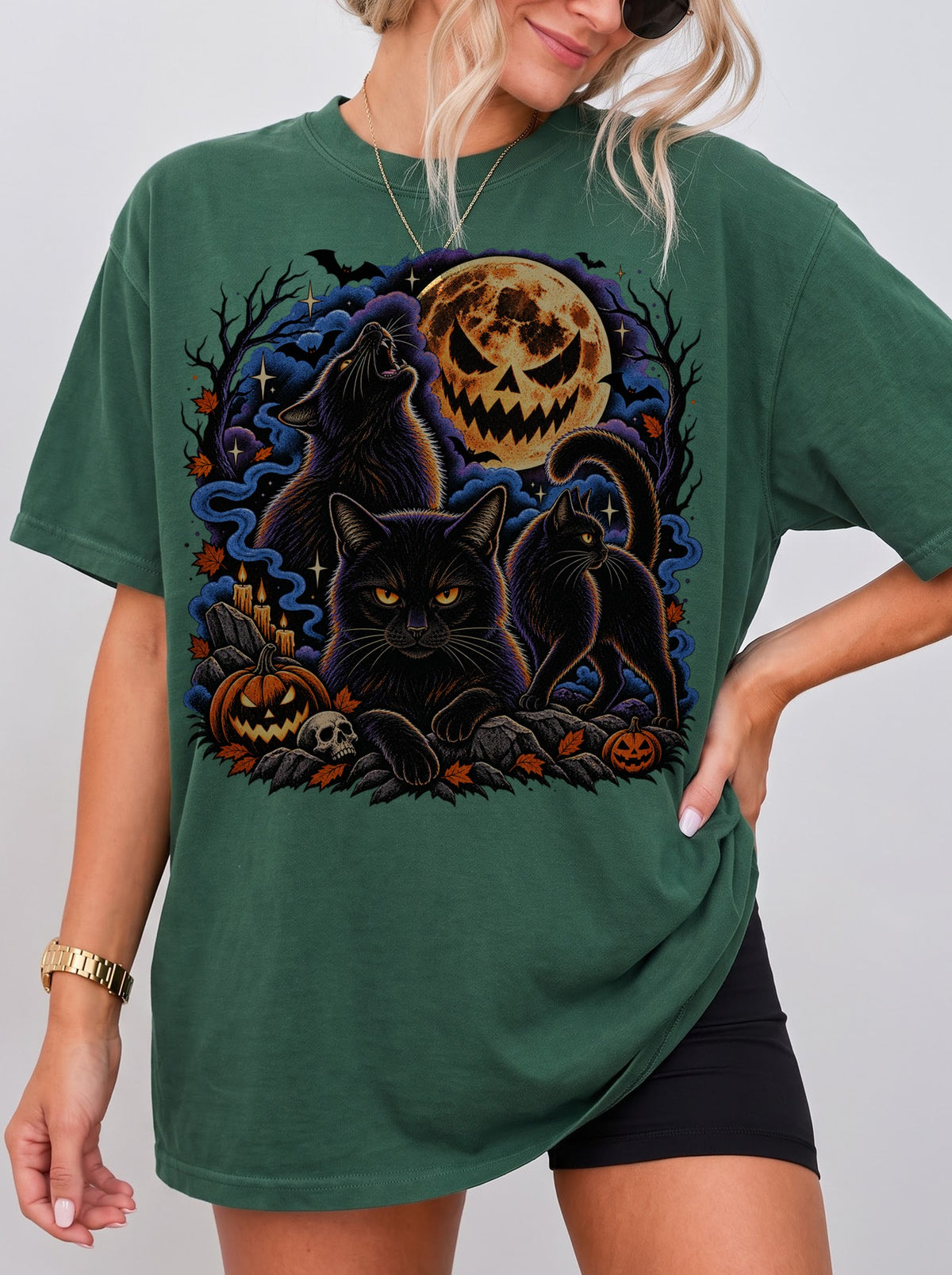 Black Cats Full Moon Halloween T-Shirt, Three Wolf Moon Parody, Y2K Retro Outfit Aesthetic, Trendy Streetwear Graphic Tee