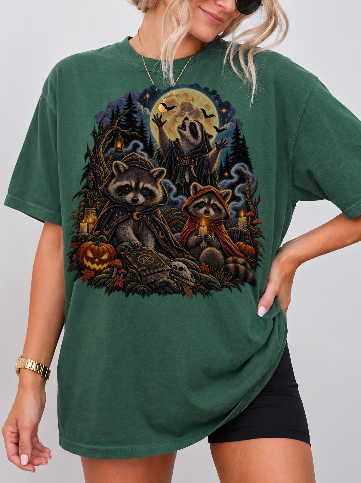 Moonlit Raccoon Ritual Halloween T-Shirt, Y2K Retro Graphic Tee, 90s Gothic Streetwear, To The Moon