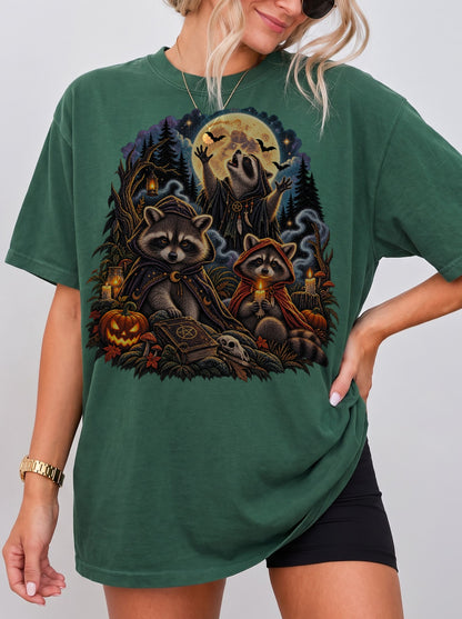 Moonlit Raccoon Ritual Halloween T-Shirt, Y2K Retro Graphic Tee, 90s Gothic Streetwear, To The Moon