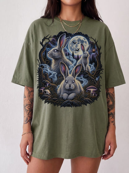 Moonlit Spectral Rabbit Forest Halloween T-Shirt, Y2K Gothic Graphic Tee, 90s Retro Spooky Aesthetic, To The Moon