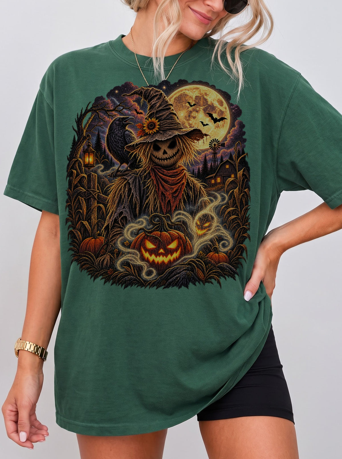 Moonlit Scarecrow Haunted Halloween T-Shirt, Y2K Retro Horror Graphic Tee, 90s Gothic Streetwear, To The Moon