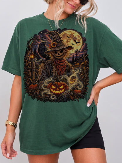 Moonlit Scarecrow Haunted Halloween T-Shirt, Y2K Retro Horror Graphic Tee, 90s Gothic Streetwear, To The Moon