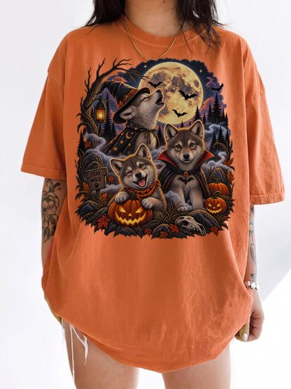 Moonlit Halloween Wolf Pup Trio T-Shirt, Y2K Retro Animal Graphic Tee, 90s Spooky Streetwear, To The Moon