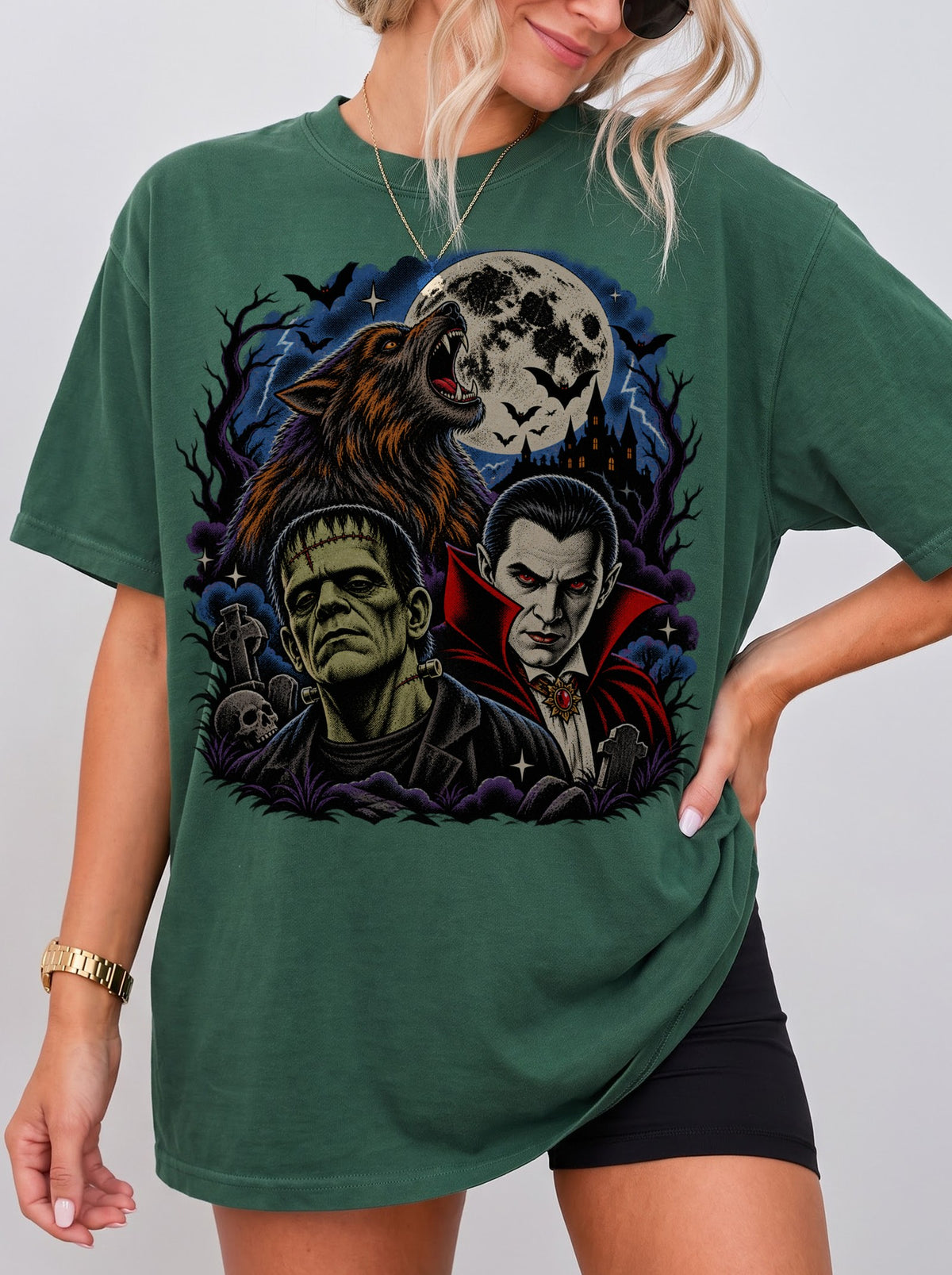 Classic Monsters Trio Moon Halloween T-Shirt, Three Wolf Moon Parody, Y2K Retro Horror Outfit, Trendy Streetwear Graphic Tee