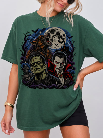 Classic Monsters Trio Moon Halloween T-Shirt, Three Wolf Moon Parody, Y2K Retro Horror Outfit, Trendy Streetwear Graphic Tee