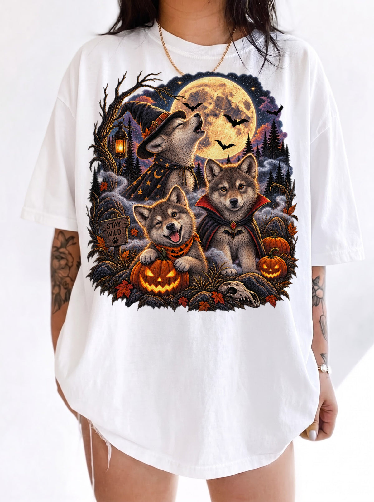 Moonlit Halloween Wolf Pup Trio T-Shirt, Y2K Retro Animal Graphic Tee, 90s Spooky Streetwear, To The Moon