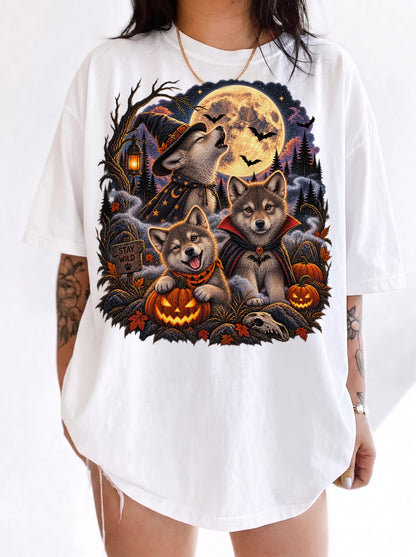 Moonlit Halloween Wolf Pup Trio T-Shirt, Y2K Retro Animal Graphic Tee, 90s Spooky Streetwear, To The Moon
