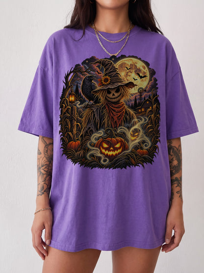 Moonlit Scarecrow Haunted Halloween T-Shirt, Y2K Retro Horror Graphic Tee, 90s Gothic Streetwear, To The Moon