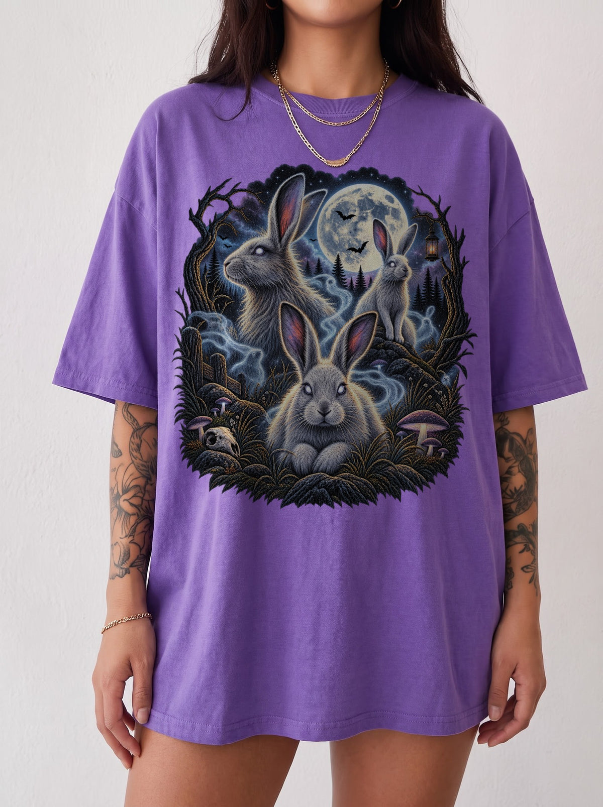 Moonlit Spectral Rabbit Forest Halloween T-Shirt, Y2K Gothic Graphic Tee, 90s Retro Spooky Aesthetic, To The Moon