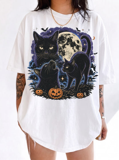 3 Black Cats Jack-o’-Lantern Moon Halloween T-Shirt, Three Wolf Moon Parody, Y2K Retro Outfit, Trendy Streetwear Graphic Tee