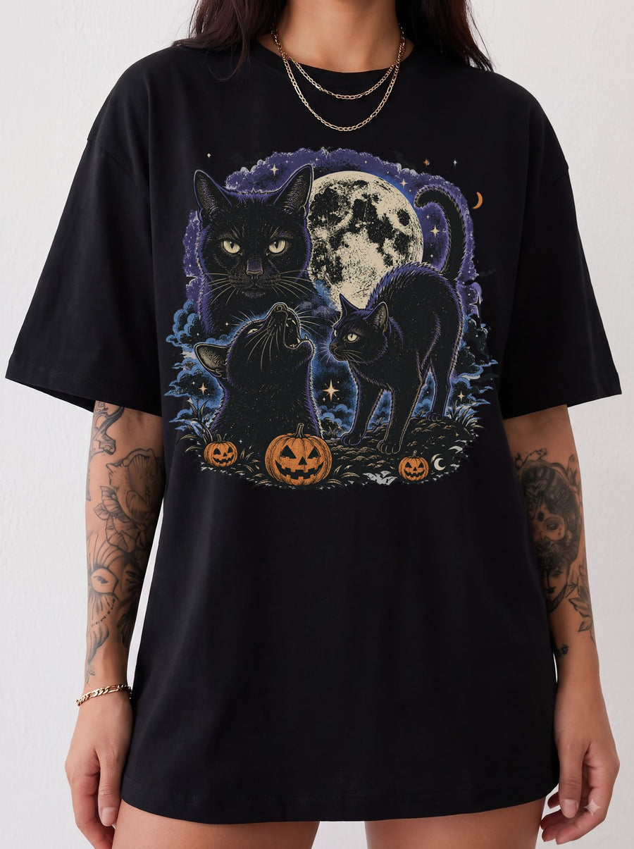 3 Black Cats Jack-o’-Lantern Moon Halloween T-Shirt, Three Wolf Moon Parody, Y2K Retro Outfit, Trendy Streetwear Graphic Tee
