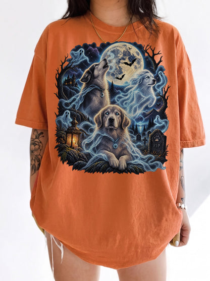 Three Ghost Dogs Haunted Moon Halloween T-Shirt, Y2K Retro Graphic Tee, 90s Spooky Streetwear, To The Moon