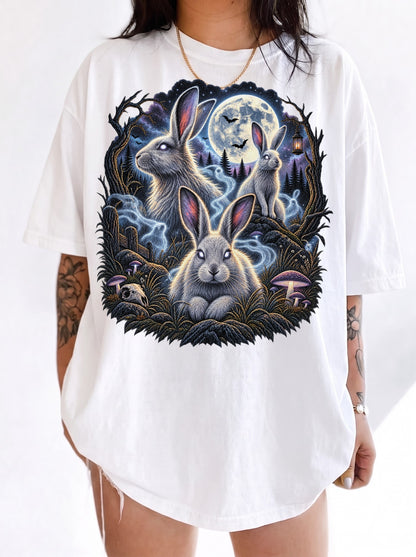 Moonlit Spectral Rabbit Forest Halloween T-Shirt, Y2K Gothic Graphic Tee, 90s Retro Spooky Aesthetic, To The Moon