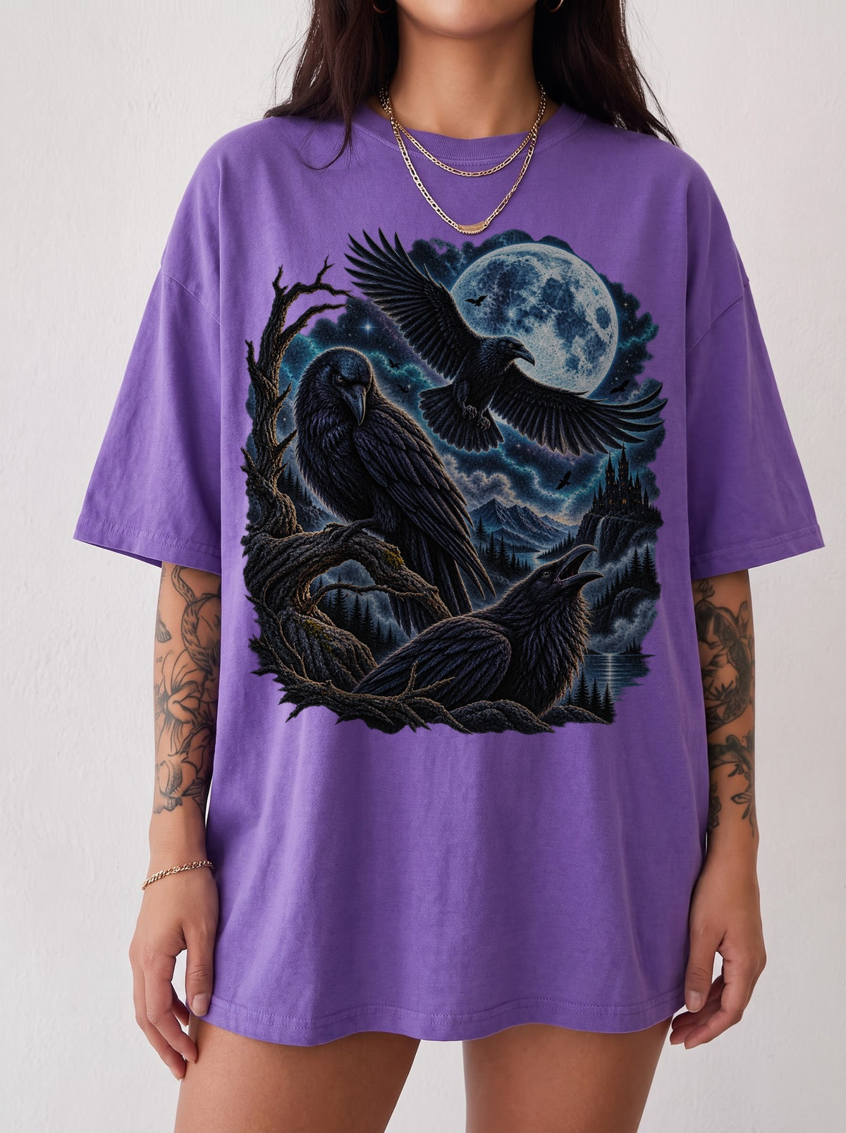 Moonlit Ravens Gothic Valley Halloween T-Shirt, Y2K Dark Graphic Tee, 90s Retro Gothic Streetwear, To The Moon