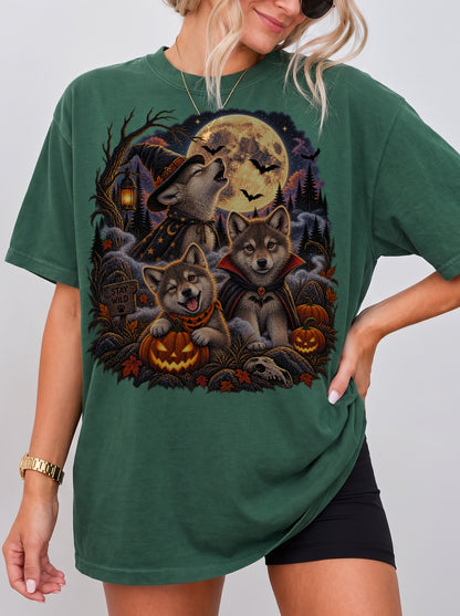 Moonlit Halloween Wolf Pup Trio T-Shirt, Y2K Retro Animal Graphic Tee, 90s Spooky Streetwear, To The Moon
