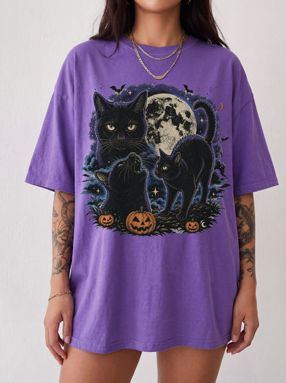 3 Black Cats Jack-o’-Lantern Moon Halloween T-Shirt, Three Wolf Moon Parody, Y2K Retro Outfit, Trendy Streetwear Graphic Tee