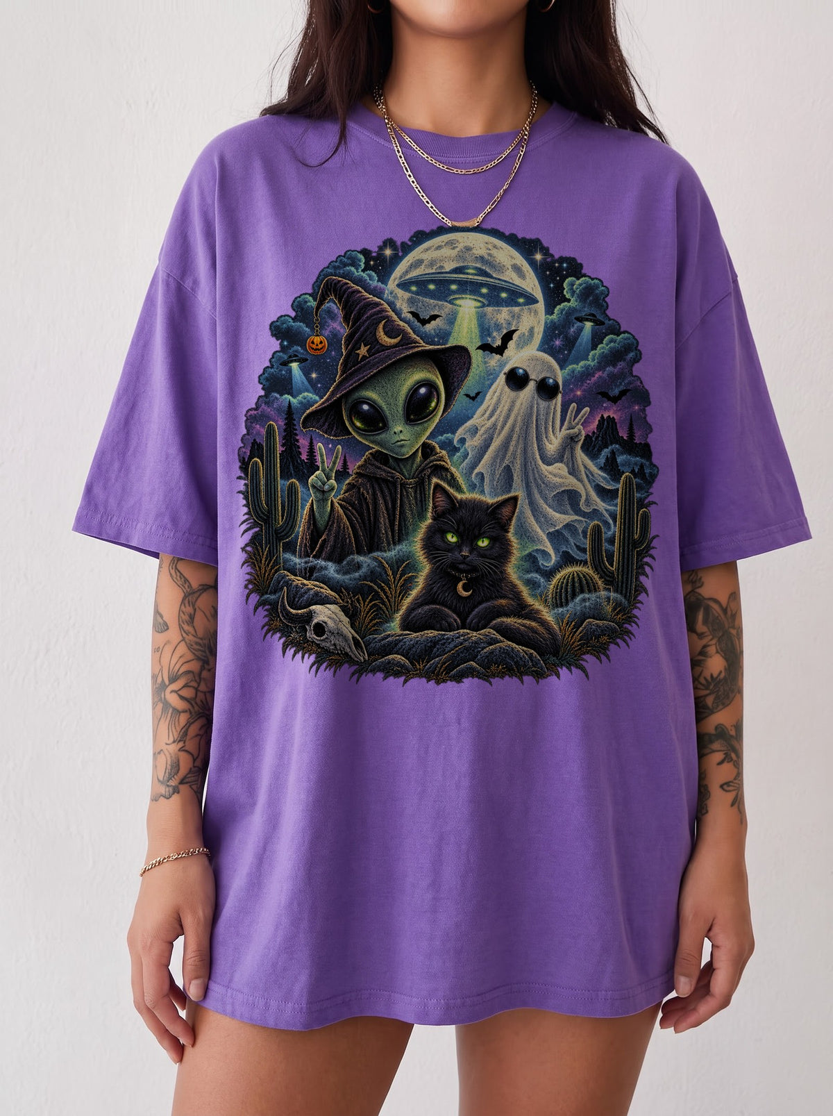 Cosmic Halloween Nightscape T-Shirt, Y2K Retro Graphic Tee, 90s Spooky Aesthetic, To The Moon