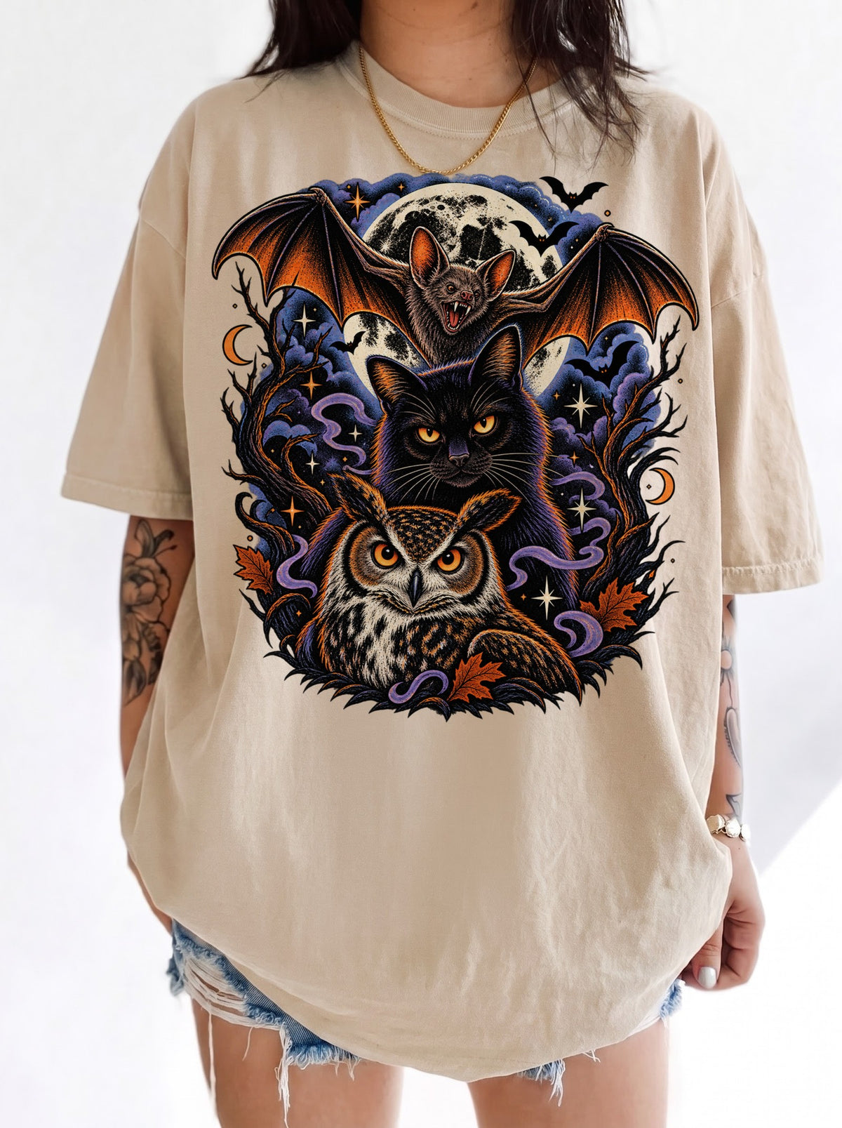 Vampire Bat Black Cat Owl Moon Halloween T-Shirt, Three Wolf Moon Parody, Y2K Retro Gothic Outfit, Trendy Streetwear Graphic Tee