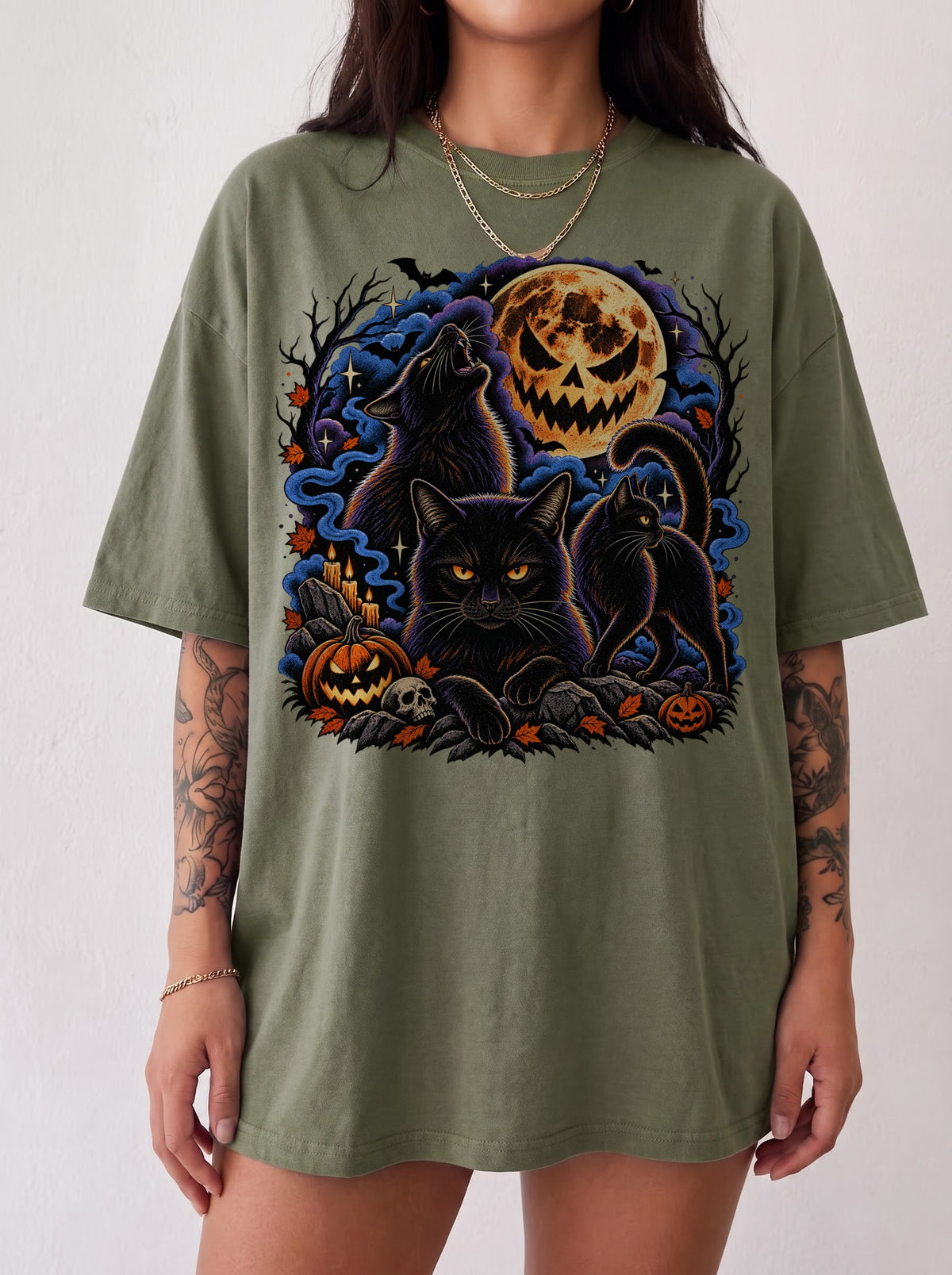 Black Cats Full Moon Halloween T-Shirt, Three Wolf Moon Parody, Y2K Retro Outfit Aesthetic, Trendy Streetwear Graphic Tee