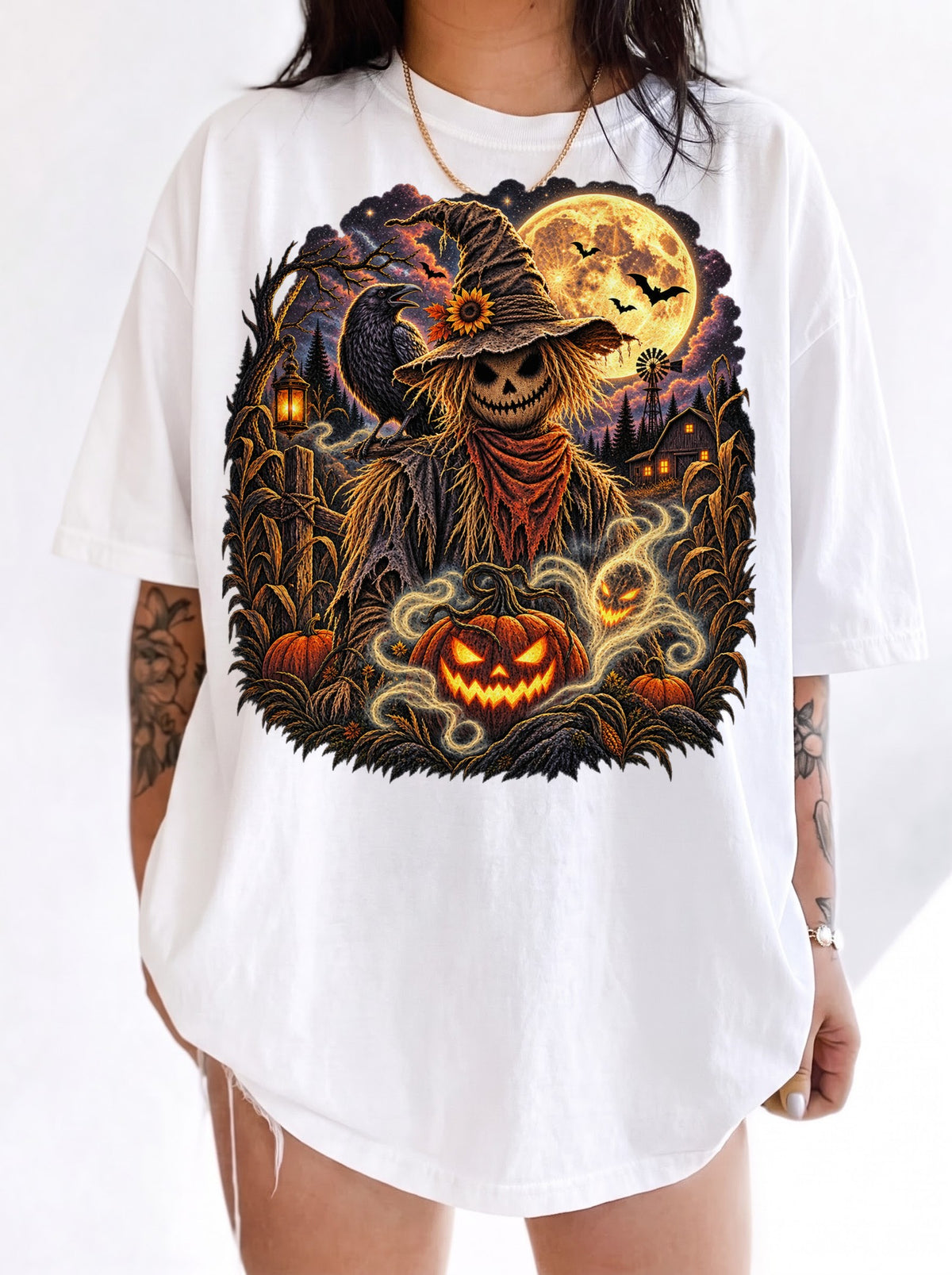 Moonlit Scarecrow Haunted Halloween T-Shirt, Y2K Retro Horror Graphic Tee, 90s Gothic Streetwear, To The Moon