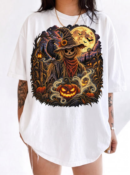 Moonlit Scarecrow Haunted Halloween T-Shirt, Y2K Retro Horror Graphic Tee, 90s Gothic Streetwear, To The Moon