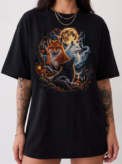 Moonlit Foxes Enchanted Forest Halloween T-Shirt, Y2K Retro Animal Graphic Tee, 90s Gothic Streetwear, To The Moon