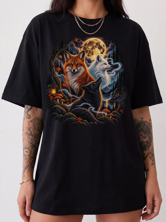 Moonlit Foxes Enchanted Forest Halloween T-Shirt, Y2K Retro Animal Graphic Tee, 90s Gothic Streetwear, To The Moon