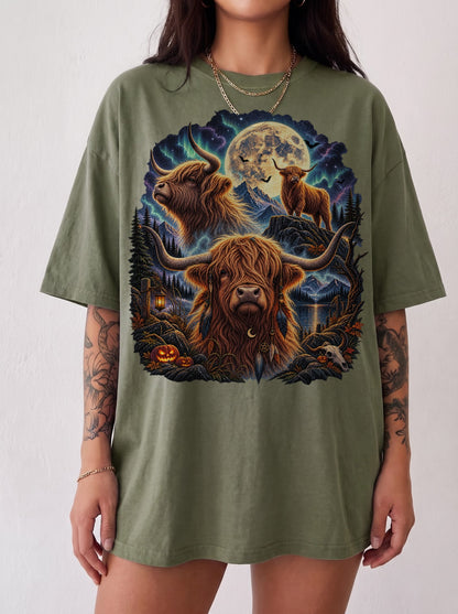 Mystical Highland Cattle Moon Halloween T-Shirt, Y2K Retro Animal Graphic Tee, 90s Gothic Streetwear, To The Moon