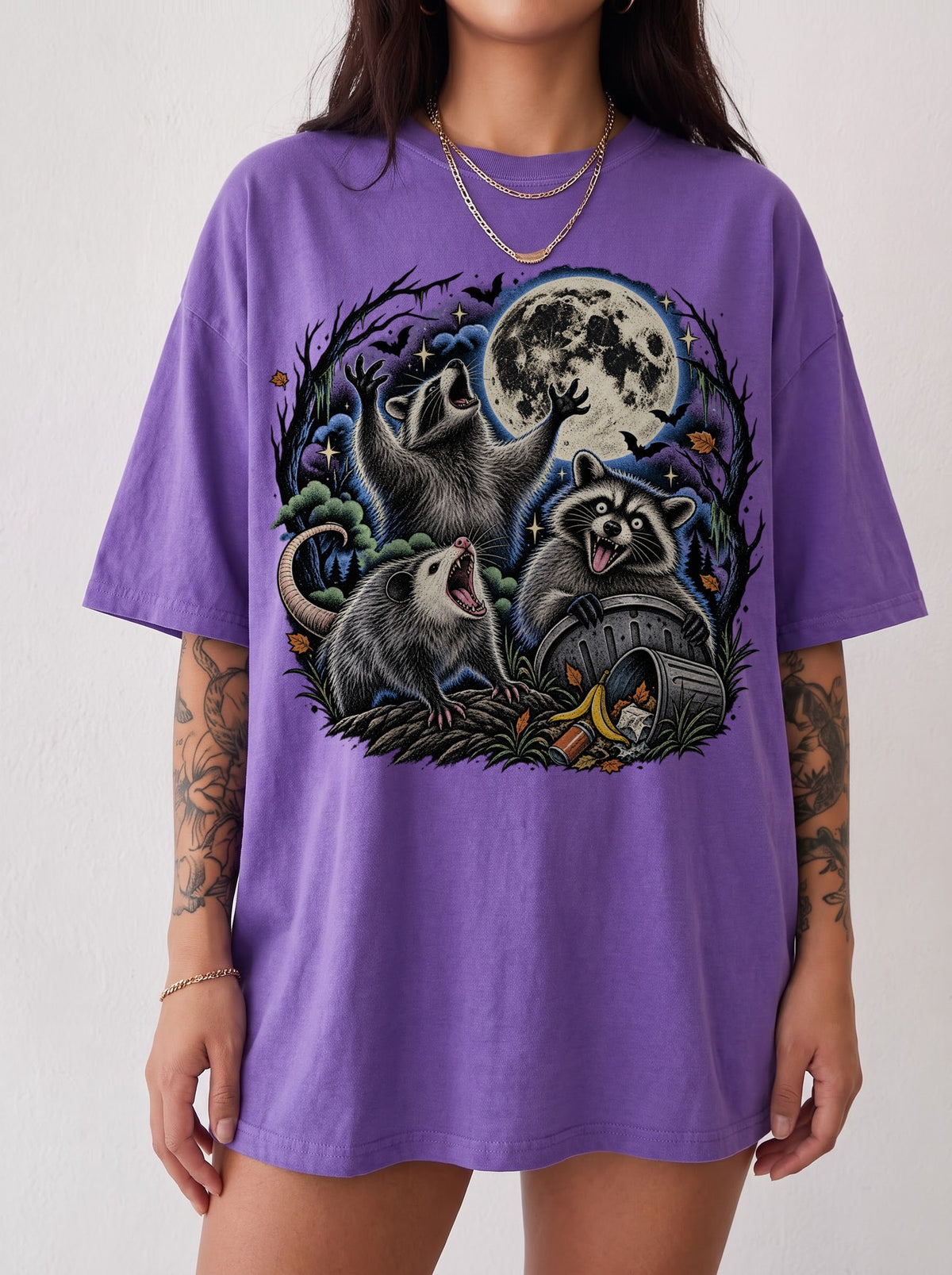 Raccoons Under the Moon Retro Halloween T-Shirt, Three Wolf Moon Parody, Y2K Vintage Outfit Aesthetic, Trendy Streetwear Graphic Tee