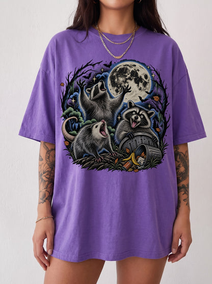 Raccoons Under the Moon Retro Halloween T-Shirt, Three Wolf Moon Parody, Y2K Vintage Outfit Aesthetic, Trendy Streetwear Graphic Tee
