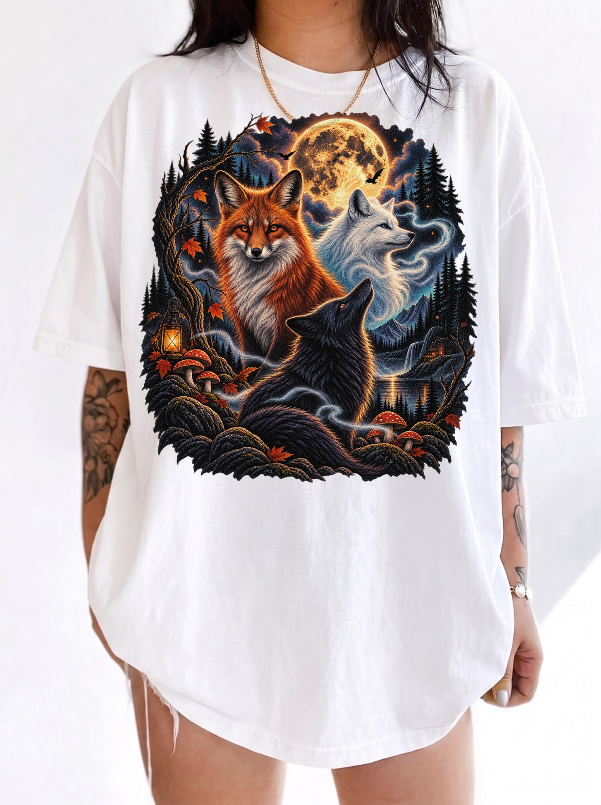 Moonlit Foxes Enchanted Forest Halloween T-Shirt, Y2K Retro Animal Graphic Tee, 90s Gothic Streetwear, To The Moon