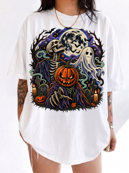 Skeleton Pumpkin Head Ghost Moon Halloween T-Shirt, Three Wolf Moon Parody, Y2K Retro Horror Outfit, Trendy Streetwear Graphic Tee