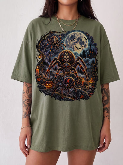 Moonlit Spider Graveyard Halloween T-Shirt, Y2K Gothic Horror Graphic Tee, 90s Retro Streetwear, To The Moon