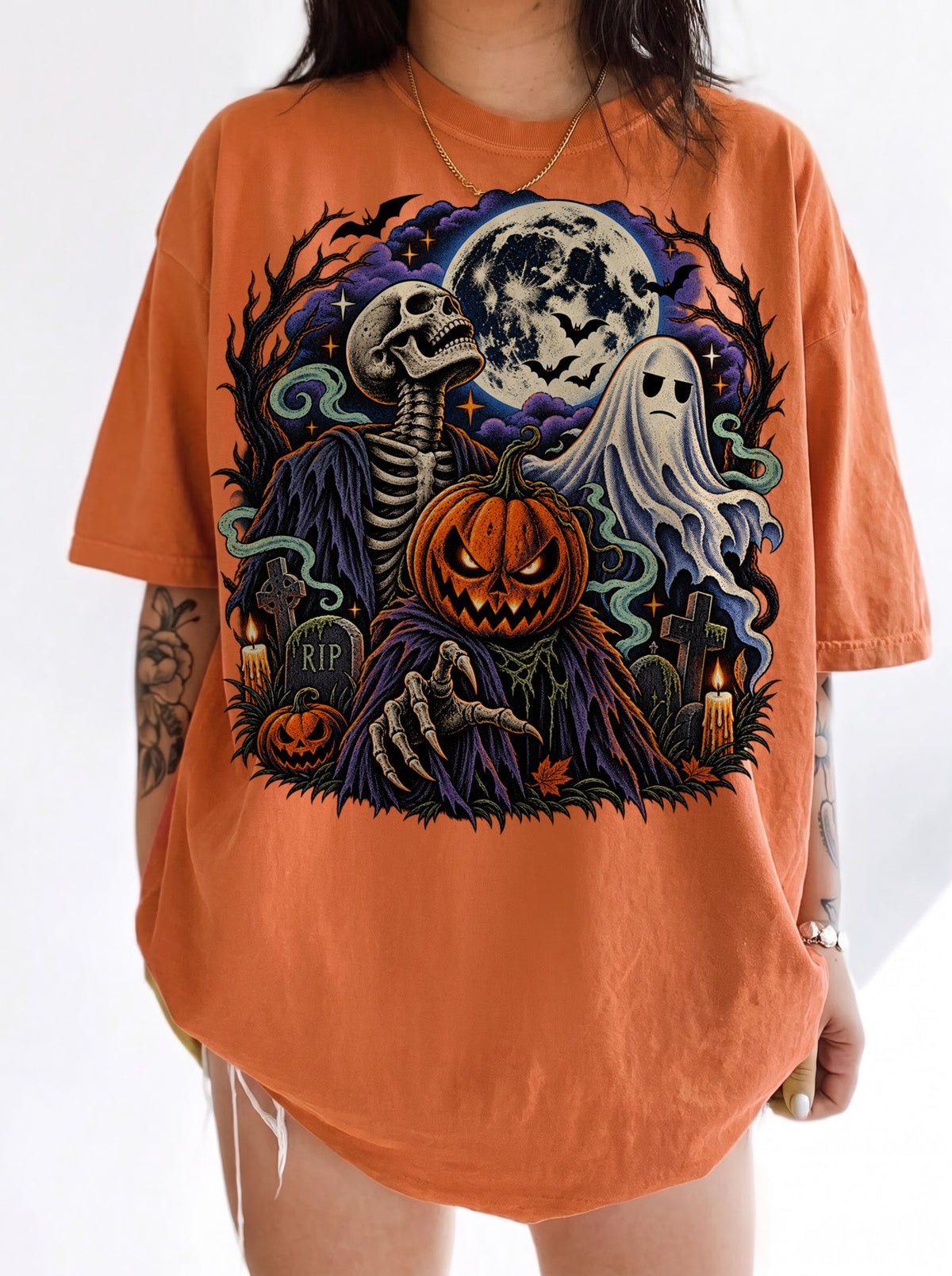 Skeleton Pumpkin Head Ghost Moon Halloween T-Shirt, Three Wolf Moon Parody, Y2K Retro Horror Outfit, Trendy Streetwear Graphic Tee