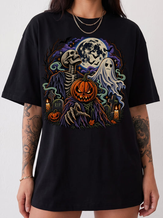Skeleton Pumpkin Head Ghost Moon Halloween T-Shirt, Three Wolf Moon Parody, Y2K Retro Horror Outfit, Trendy Streetwear Graphic Tee