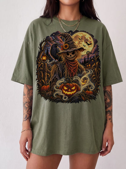 Moonlit Scarecrow Haunted Halloween T-Shirt, Y2K Retro Horror Graphic Tee, 90s Gothic Streetwear, To The Moon