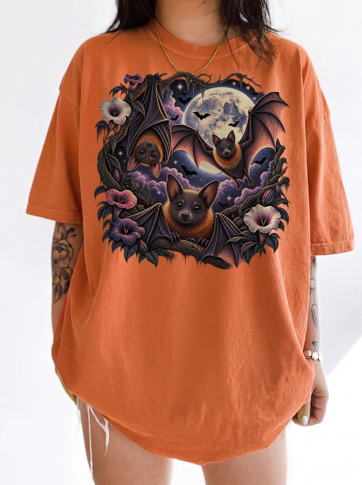 Moonlit Bats Twisted Blooms Halloween T-Shirt, Y2K Gothic Graphic Tee, 90s Retro Streetwear, To The Moon
