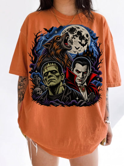 Classic Monsters Trio Moon Halloween T-Shirt, Three Wolf Moon Parody, Y2K Retro Horror Outfit, Trendy Streetwear Graphic Tee