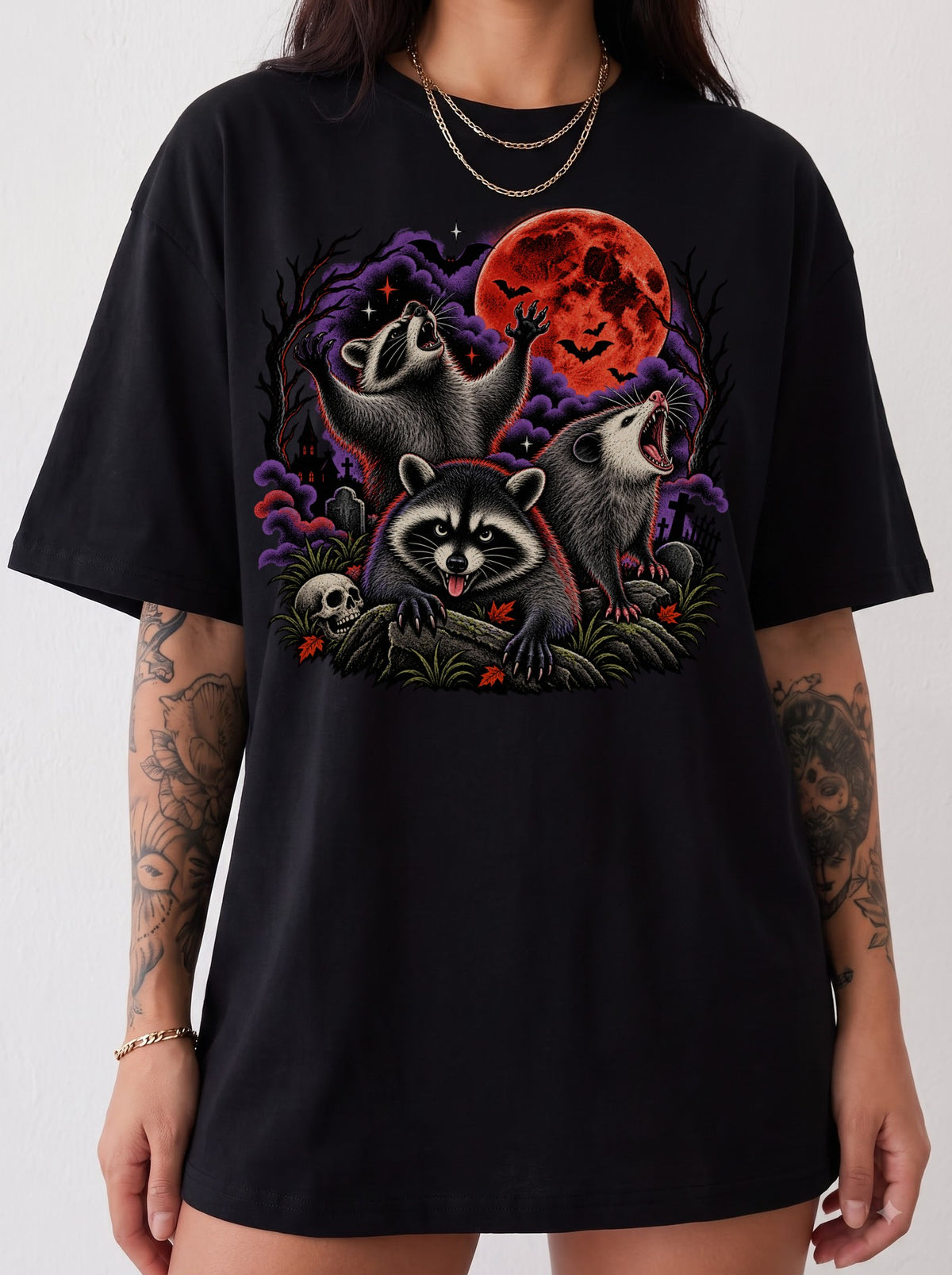 Three Raccoons Blood Moon Halloween T-Shirt, Three Wolf Moon Parody, Y2K Retro Outfit Aesthetic, Trendy Streetwear Graphic Tee
