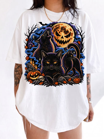 Black Cats Full Moon Halloween T-Shirt, Three Wolf Moon Parody, Y2K Retro Outfit Aesthetic, Trendy Streetwear Graphic Tee