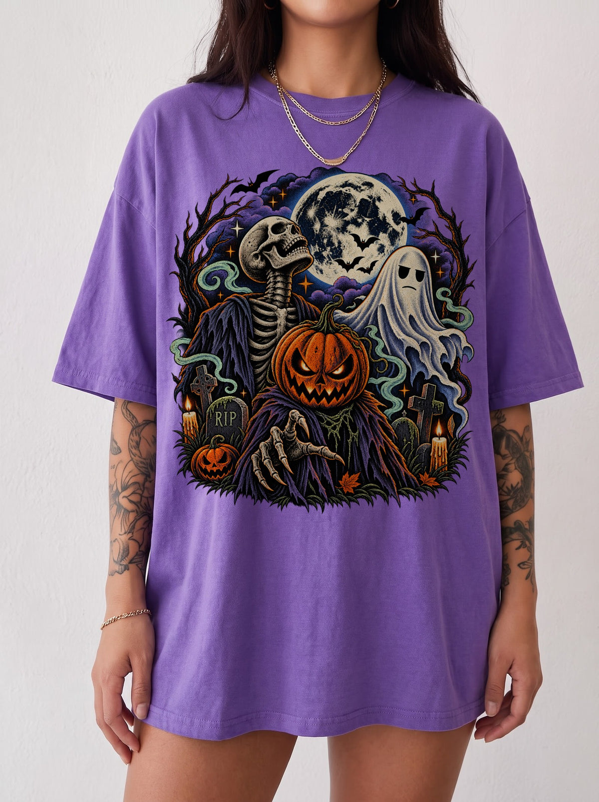 Skeleton Pumpkin Head Ghost Moon Halloween T-Shirt, Three Wolf Moon Parody, Y2K Retro Horror Outfit, Trendy Streetwear Graphic Tee