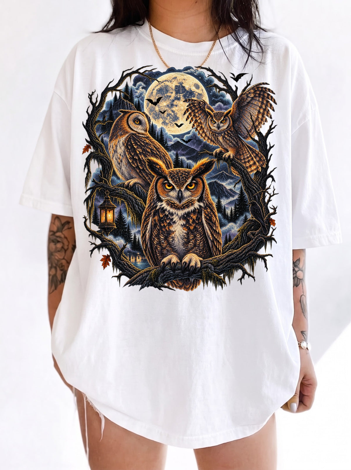 Gothic Moonlit Owl Trio Halloween T-Shirt, Y2K Witchy Graphic Tee, 90s Retro Gothic Streetwear, To The Moon